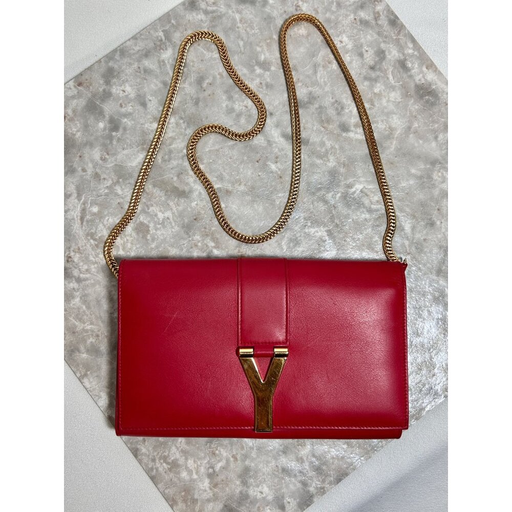 Saint Laurent Calfskin Classic Y Ligne Chain Wallet Bag in Vermillion